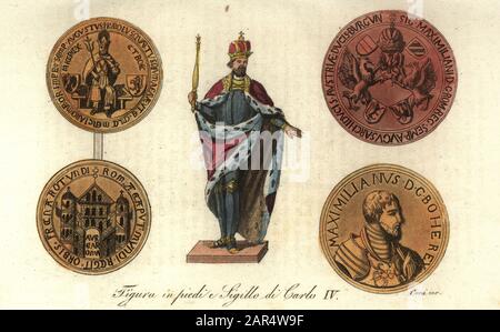 Stehende Figur und Siegel aus der Goldenen Bulle des Königs Wenceslaus IV. Von Böhmen, Karl Heiliger römischer Kaiser, 1316-1378. FIGURA in Piedi e Sigillo di Carlo IV Handfarbige Kupferstichgravur von Giulio Ferrarios Kostümen Uralt und Modern der Völker der Welt, Il Costume Antico e Moderno, Florenz, 1844. Stockfoto