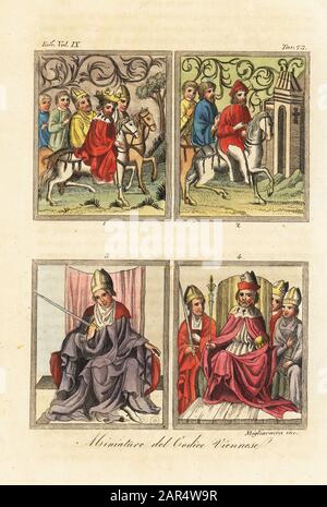 König Wenceslaus von Böhmen, der mit dem Mainzer Erzbischof, den Bamberger und Würzburger Bischofsamt und den Burggrafen von Nürnberg 1 reitet; Frankfurter Bürger zu Pferd 2; Der Mainzer Erzbischof 3 und der heilige römische Kaiser Karl IV. Auf seinem Thron mit Zepter und Ob mit den Erzbischöfen von Trier, Köln und Mainz 4. Miniaturen aus dem Wiener Kodex der Goldenen Bulle, eine illuminierte Handschrift, die für König Wenceslaus IV. Von Böhmen, 1365, erstellt wurde. Handfarbige Kupferstich von Migliavacca aus Giulio Ferrarios Kostümen Alt und Modern der Völker der Welt, Il Costume Antico e Stockfoto