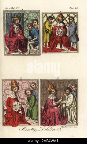 Publikum mit dem Heiligen römischen Kaiser Karl IV Im Krone- und erminenkapt erhält er Kästen mit Gold und Silber 1, Diplome 2, Münzen von gemeinsamen Informanten oder Verschwörern 3 und Münzen von gut gekleideten Männern 4. Monetari, Delatori. Miniaturen aus dem Wiener Kodex der Goldenen Bulle, eine illuminierte Handschrift, die für König Wenceslaus IV. Von Böhmen, 1365, erstellt wurde. Handfarbige Kupferstichgravur von Migliavacca aus Giulio Ferrarios Kostümen Alt und Modern der Völker der Welt, Il Costume Antico e Moderno, Florenz, 1844. Stockfoto