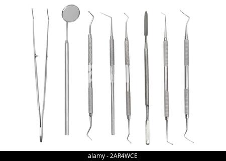 Satz zahnmedizinischer Instrumente aus Metall Stockfoto
