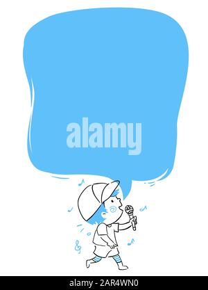 Doodle Illustration eines Kid Boy Holding Mikrofons und Singen eines Songs mit einer Bank Speech Bubble für Lyrik Stockfoto