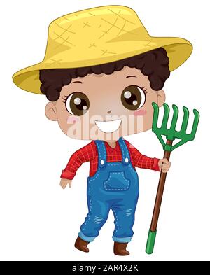 Abbildung: Ein afroamerikanischer Kid Boy Farmer Mit Strohhut, Jeans, Boots und Holding a Rake Stockfoto