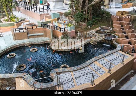 Ein Springbrunnen mit einer Kaskade und farbigen Karpfen (Jinli) im Kloster Po Lin, Insel Lantau, Hongkong Stockfoto