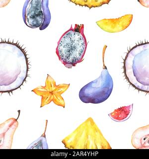 Handbemaltes, nahtloses Muster mit auf weißem Hintergrund isolierten, wasserfarbigen Früchten Stockfoto