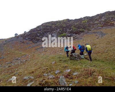 Eine Gruppe Von Menschen, Die Den Weg in Rake Trod zum Wainwright Carrock Hinauf Gehen, Fiel in Mosedale, Lake District National Park, Cumbria, England, Großbritannien. Stockfoto