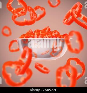 Frisches fliegendes Gemüse, Paprika mit roter Glocke, die in die Salatschüssel fallen Stockfoto