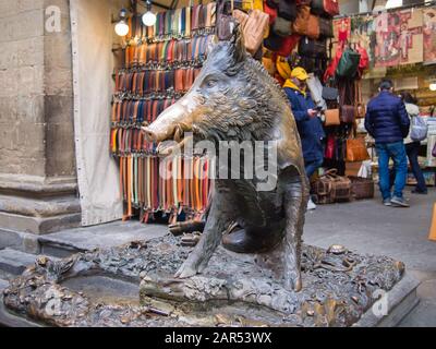 Der Porcellino, ein Brunnen aus Bronze mit Wildschweinen in Florenz, Italien. Diese Statue wurde von Pietro Tacca im 17. Jahrhundert gestaltet. Stockfoto