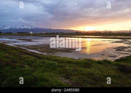 Strahlend orangefarbener Sonnenuntergang in Niigata, Japan, im frühen Frühjahr, bevor der Reis gepflanzt wurde. Stockfoto