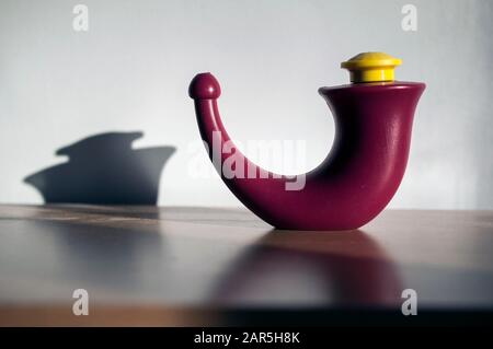 Ein Neti-Topf für Nasenbewässerung in alter ayurvedischer Tradition. Persönliche hygienische Praxis, bei der die Nasenhöhle/Nasennebenhöhlen gewaschen werden. Stockfoto