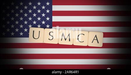 Abkommen zwischen den Vereinigten Staaten und Mexiko und Kanada: Buchstabenkacheln USMCA Auf US-Flagge, 3D-Abbildung Stockfoto