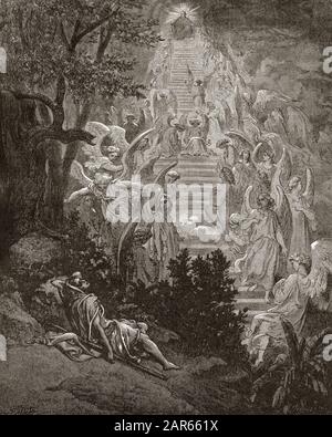 Jacob's Dream - Le reve de Jacob (l'echelle de Jacob) - Gravur in 'La Bible illustre' par Gustave Dore (1832-1883) - Gravur aus 'The Dore Bibl Stockfoto