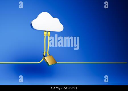 3D-Rendering: Cloud Computing Security Concept - Zwei Ethernet-Kabel, die an eine symbolische Cloud angeschlossen sind. Ein Schloss um die Kabel. Blauer Hintergrund. Stockfoto