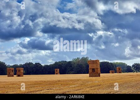 Image of a field of harvested grain with hay bales with cloudy sky Stockfoto