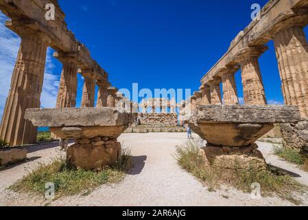 Der griechische Tempel E heißt auch Tempel von Hera in der alten griechischen Stadt Selinunte an der Südwestküste Siziliens in Italien Stockfoto