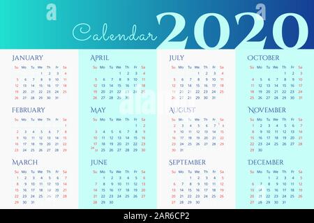 Design des Wandkalenders Creative 2020. Die Woche beginnt am Sonntag. Stock-Illustration für Poster, Print, Web Stockfoto