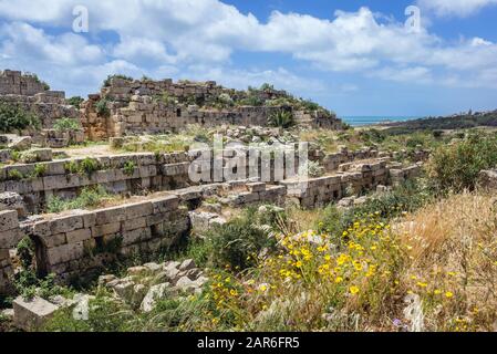 Ruinen neben dem Nordtor der Akropolis von Selinunte an der Südwestküste Siziliens in Italien Stockfoto