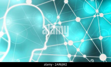 Silhouette des Kopfes eines Mannes. Broschüre "psychische Gesundheit relativ", Designvorlage für Berichte. Wissenschaftliche medizinische Entwürfe. Verbundene Linien mit Punkten. Glitter VI Stockfoto