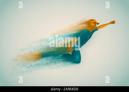 Abbildung eines fliegenden Superheldenarbeiters in einer Siegerpose mit Spur von Partikeln. Junger Mann, der die Schürze trägt. 3D-Rendering. Metallisches Material. Stockfoto