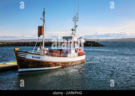 Robben beobachten Touren von diesem Boot namens Brimill, Hvammstanga, Island Touristenboot Reise Bilder Stockfoto