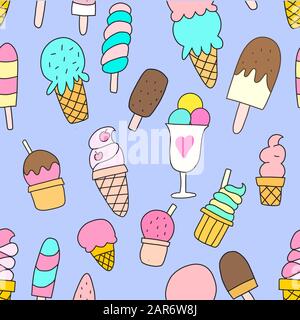 Nahtloses Muster mit Eiscreme auf blauem Hintergrund Stockfoto