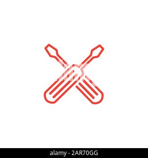 Rotes Symbol Mit Gekreuzter Schraubendreherlinie Auf Weißem Hintergrund. Rote Vektor-Grafik Mit Flacher Form Stockfoto