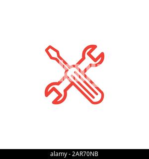 Schraubenzieher Und Schraubenschlüssellinie Rotes Symbol Auf Weißem Hintergrund. Rote Vektor-Grafik Mit Flacher Form Stockfoto