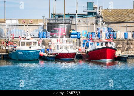 An einem sonnigen Frühlingstag moorierten Fischerboote zu Anlegestellen in einem Hafen Stockfoto