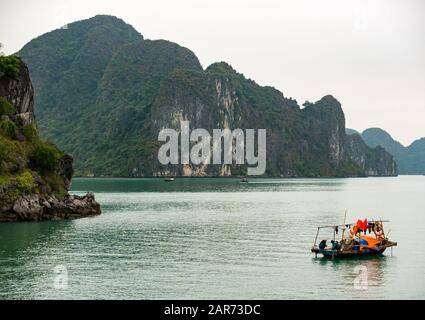 Traditionelles vietnamesisches Korakelboot mit Kalksteinkarstfelsen bei nebeligem Wetter, Halong Bay, Vietnam, Asien Stockfoto