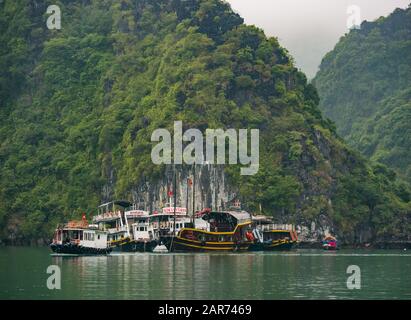 Touristenboote ankerten in Der Lan ha Bay mit Kalkfelsen, Vietnam, Asien Stockfoto