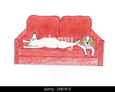 Illustration/Karikatur von zwei Hunden auf einem roten Sofa. Ein Hund ist ausgestreckt und der andere Hund ist zusammengerollt. Illustration von Nikki Attree Stockfoto