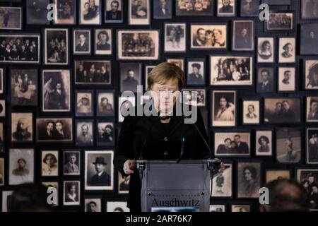 Auschwitz-Birkenau, Polen- 6. Dezember 2019: Rede von Kanzlerin Angela Merkel, deutsche Politikerin im deutschen Konzentrationslager Auschwitz-Birkenau Stockfoto