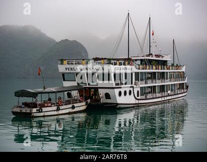 Tourist Perla Dawn Sails Kreuzfahrtschiff & Tender in der Dämmerung bei nebeligem Wetter, Halong Bay, Vietnam, Asien Stockfoto