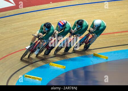Manchester, Großbritannien. Januar 2020; National Cycling Center, Manchester, Lancashire, England; HSBC British Cycling Track Championats; Herren Mannschaftsverfolgung Medaillenspiegel TeamInspired, Rhys Britton, Alfred George, Ethan Vernon, Sam Watson Credit: Action Plus Sports Images/Alamy Live News Stockfoto