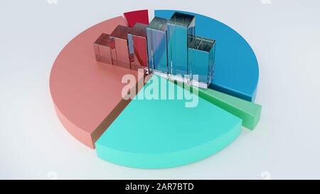 3D-Rendering eines FarbKreisdiagramms und eines Balkendiagramms mit viel Kopierraum Stockfoto