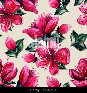 Pflaumenblüten Blumen nahtlose Muster Hintergrund, Aquarell handgezeichnetes Design. Blumendeko, japanische und chinesische Rosa Blumen, blütenende Knospen und Blätter Vintage-Design Stockfoto