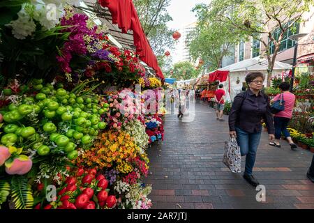 Singapur. Januar 2020. Die Verkaufsstände auf dem chinesischen Markt in der Waterloo Street Stockfoto