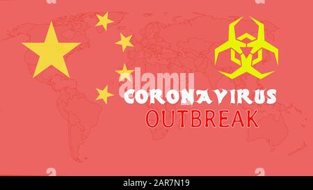 Wuhan Coronavirus COVID-19 2019-nCoV World Outbreak-Konzept mit relevantem Titel. Weltkarte Hintergrund mit chinesischer Flagge und Biohazard Schild oben. Stockfoto