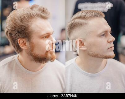 Vor und nach Einem Mann im frisierstuhl, Friseurstyling im Barbershop Stockfoto