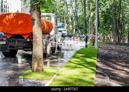 Enge Grenze des neu installierten grünen Rasengrases mit Schmutzboden, der für die Installation im Stadtpark oder auf dem Hinterhof bei Sonne vorbereitet ist Stockfoto