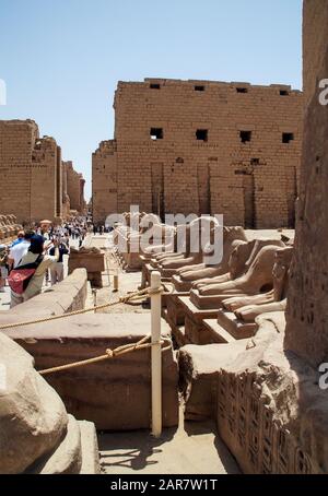 Luxor, Karnak, Ägypten, Afrika. Touristen, die die Avenue der Sphinxes hinunter gehen und den Tempel von Karnak betreten. Stockfoto