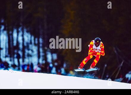 Pirmin Zürbriggen aus der Schweiz gewinnt bei den Olympischen Winterspielen 1988 die Goldmedaille in der Abfahrt. Stockfoto