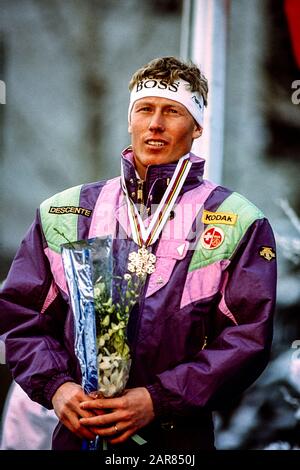 Pirmin Zürbriggen aus der Schweiz tritt bei den Ski-WM 1989 der Fis-Alpine an Stockfoto