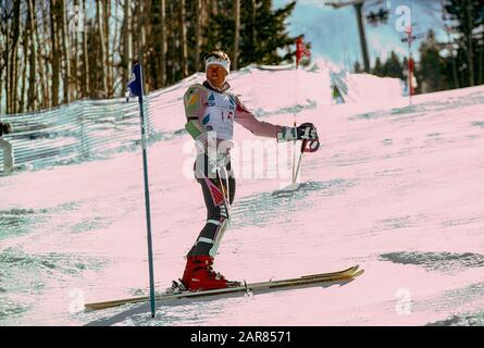 Pirmin Zürbriggen aus der Schweiz tritt im Slalomlauf bei den Ski-WM 1989 der Fis-Alpine an Stockfoto