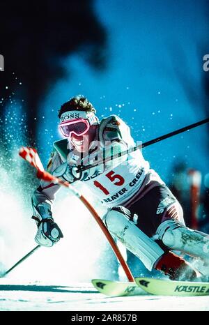 Pirmin Zürbriggen aus der Schweiz tritt im Slalomlauf bei den Ski-WM 1989 der Fis-Alpine an Stockfoto