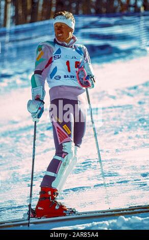 Pirmin Zürbriggen aus der Schweiz tritt im Slalomlauf bei den Ski-WM 1989 der Fis-Alpine an Stockfoto