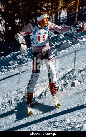 Pirmin Zürbriggen aus der Schweiz tritt im Slalomlauf bei den Ski-WM 1989 der Fis-Alpine an Stockfoto