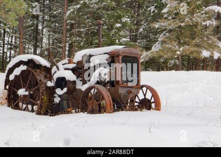 Ein alter Traktor vom Typ Mc Cormick-Deering von 1929 10-20 im Schnee, entlang des Überschwemmungsgebiets Rock Creek südöstlich von Clinton im Missoula County, Montana Stockfoto