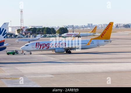 Antalya/TÜRKEI - 24. JANUAR 2020: Boing 737- 800 von Pegasus Airline auf Rückschlag in Antalya, Türkei. Stockfoto