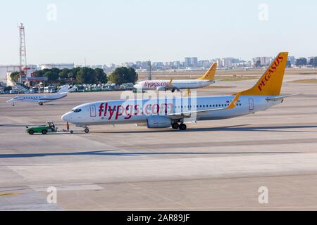 Antalya/TÜRKEI - 24. JANUAR 2020: Boing 737- 800 von Pegasus Airline auf Rückschlag in Antalya, Türkei. Stockfoto