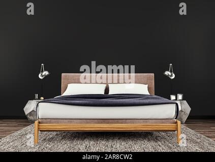 Dunkles, schwarzes, horizontales Postergestell im modernen Innenhintergrund, Designerbett mit sauberem Bettzeug im modernen Schlafzimmer, skandinavischem Stil, 3D r Stockfoto